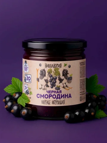 Банка варенья из чёрной смородины «Никаллория» на фиолетовом фоне со свежими ягодами смородины